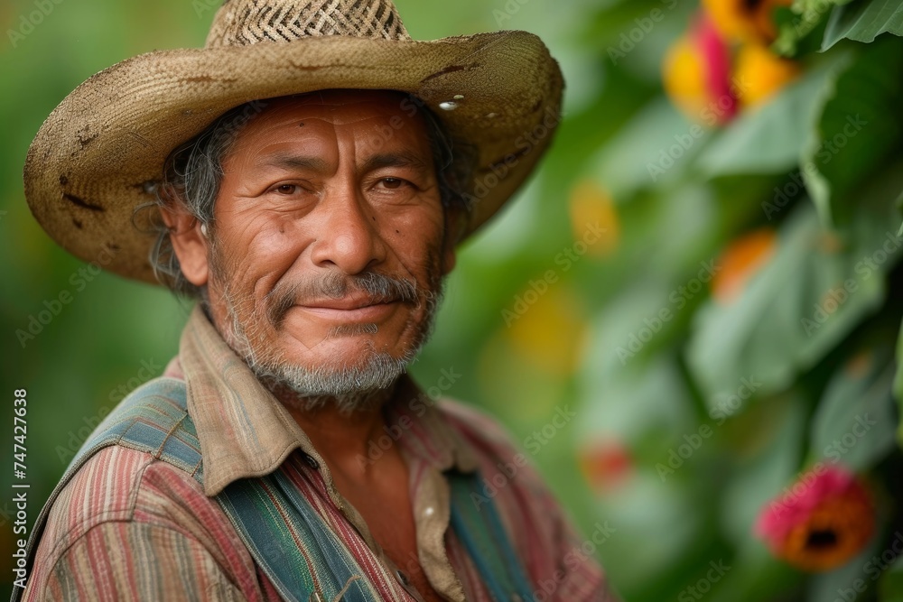 Smiling farmer, rustic charm, lush garden, authentic experience.