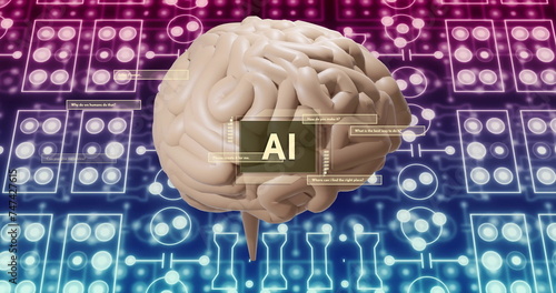 Image of ai text, human brain and data processing