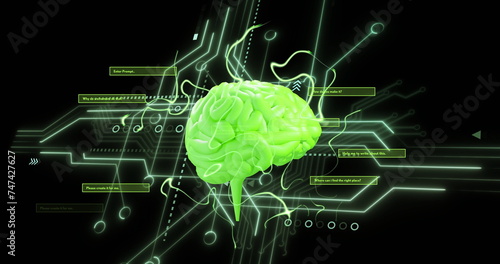 Image of human brain and circuit board with data processing