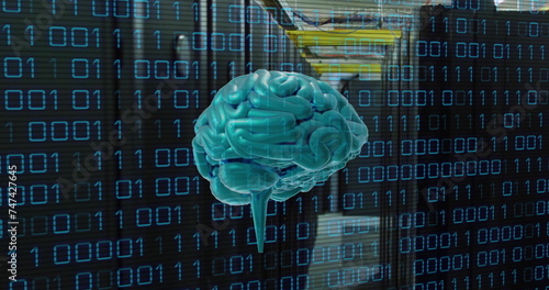 Image of brain, binary coding and data processing over computer servers