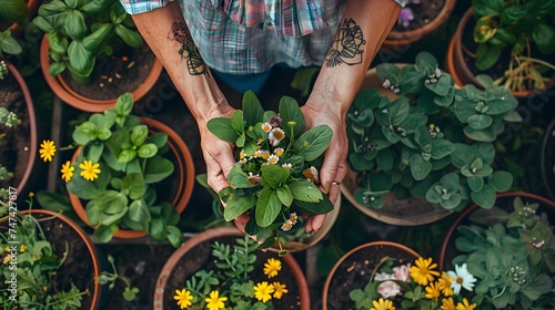 Gardener Holding Blossoming Plant Among Pots