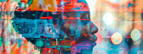 Double exposure of a person and colorful street graffiti, showcasing the fusion of urban culture and individual identity. Generative ai.