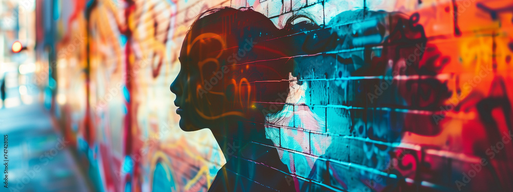 Double exposure of a person and colorful street graffiti, showcasing the fusion of urban culture and individual identity. Generative ai.