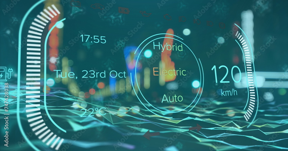 Naklejka premium Image of electric car speedometer data processing over city