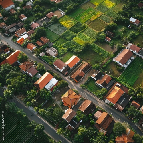 Residential houses in small town near agricultural field, bird eye view