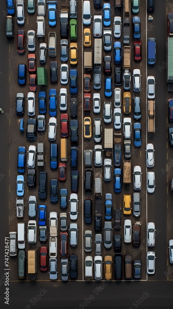 Top view parking lot with parked trucks Top view parking lot with parked trucks