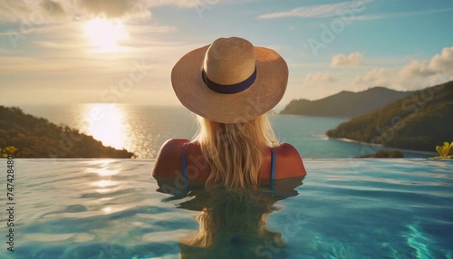 Woman on summer vacation holiday relaxing in infinity swimming pool with blue sea sunset © Marko