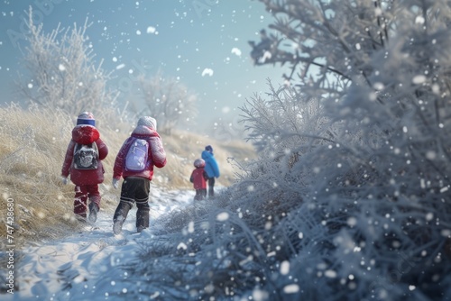 Children dressed in winter clothes walking along a snowy path, surrounded by frosted trees and snowflakes.