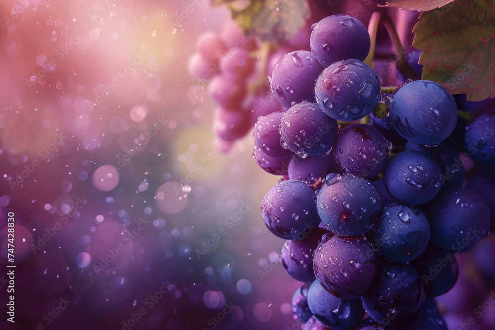 grapes are wet, juicy with drops of juice, neutral background with purple bokeh, empty space for text for a banner, for a wine label grapes are wet, juicy with drops of juice, neutral background with purple bokeh, empty space for text for a banner, for a wine label