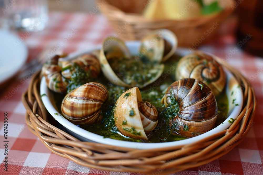 A plate of escargots de Bourgogne, a traditional French dish of snails cooked in garlic butter A plate of escargots de Bourgogne, a traditional French dish of snails cooked in garlic butter