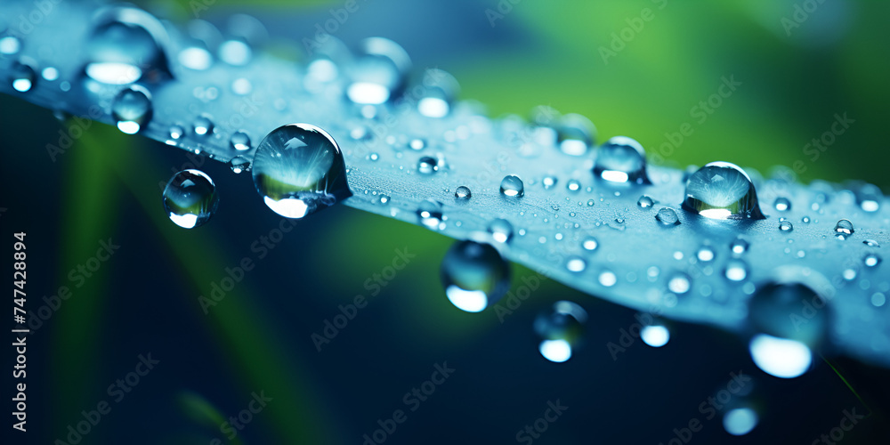 water drops on green leaf beautiful closeup macro shot Large drop water reflects environment. Nature spring photography raindrops on plant leaf Background image in turquoise and green tones with bokeh