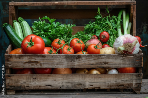 wooden box with fresh vegetables from the garden, harvesting, vegetarian lunch, tomatoes, broccoli, onions, herbs, parsley © yanapopovaiv