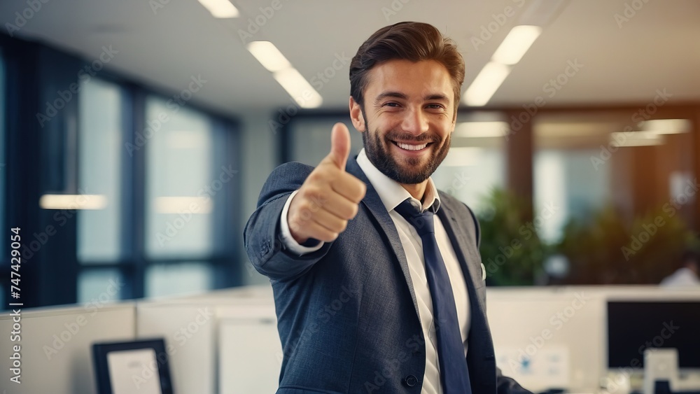 Fototapeta premium Smiling businessman showing thumbs up in the office