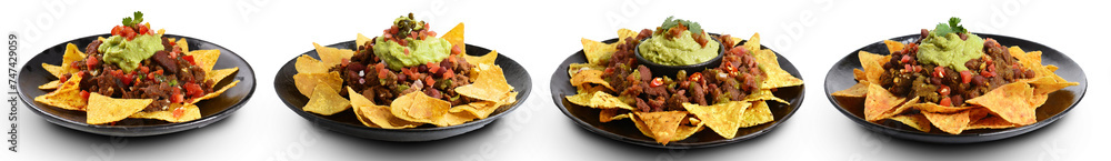 Plate of Nachos with Fried Minced Meat, Guacamole, Isolated on a Transparent Background