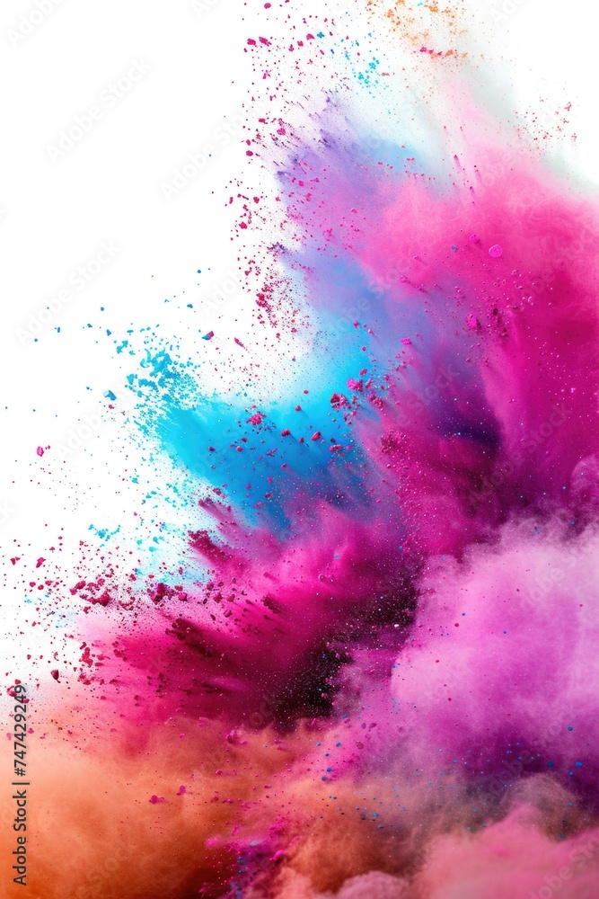 A vibrant explosion of colored powder flying in the air, perfect for festive events or celebrations
