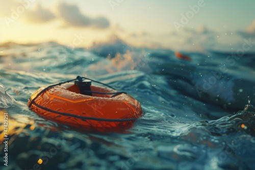 A life preserver floating in the ocean, suitable for water safety concepts © Fotograf