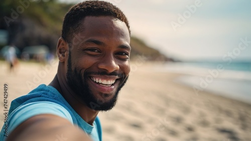 Smiling black male showing thumbs up in the beach vacation