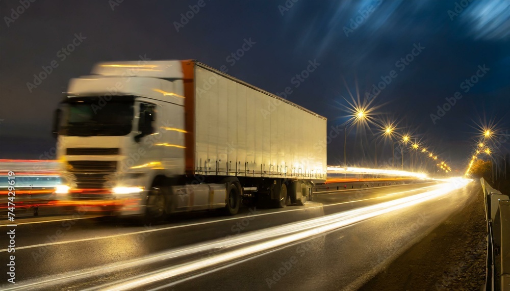 Transportation, logistic, highway traffic concept. Truck on highway, speedway, street in night time. Motion blur, light trails 