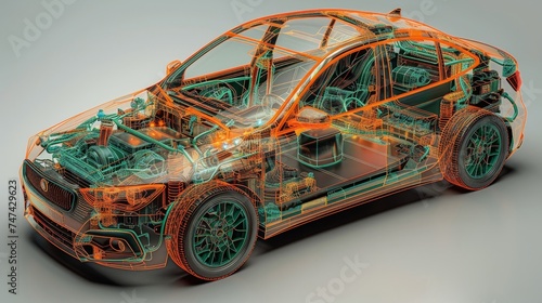 the internal structure of the car. High-resolution 3D rendering of a sports car with detailed internal mechanical components