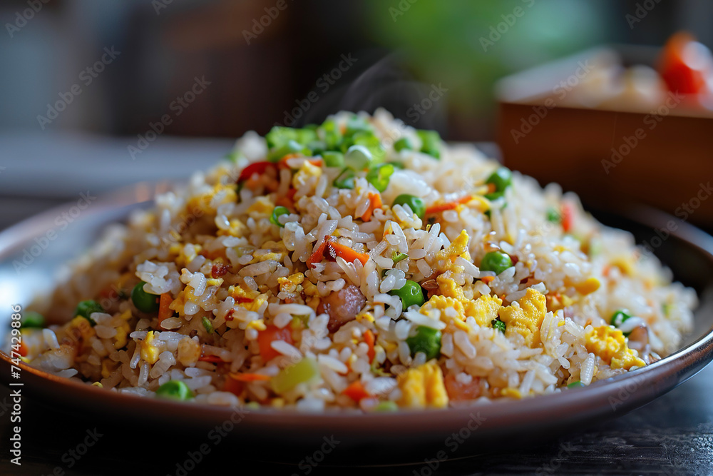 A plate of fried rice, a dish of cooked rice that has been stir-fried in a wok or a frying pan and is usually mixed with other ingredients such as eggs, vegetables, and meat A plate of fried rice, a dish of cooked rice that has been stir-fried in a wok or a frying pan and is usually mixed with other ingredients such as eggs, vegetables, and meat