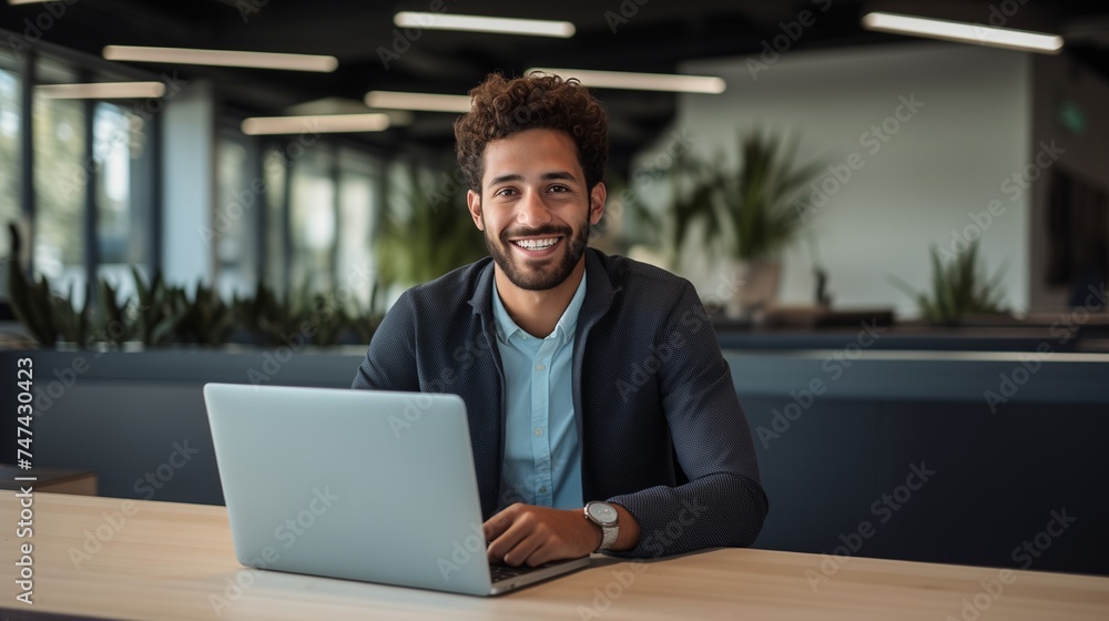 Capture the essence of a good-looking millennial office employee or student sitting at a desk in front of a laptop, smiling, and confidently looking at the camera.  - obrazy, fototapety, plakaty 