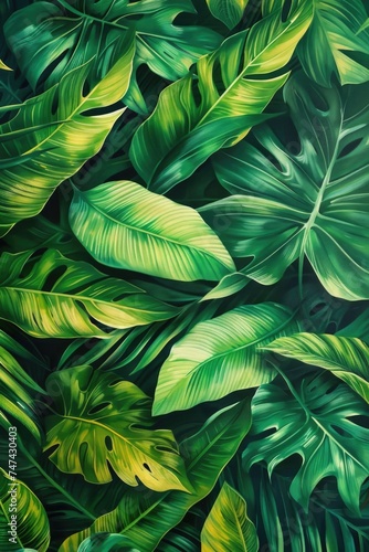 Vibrant painting of green and yellow leaves, perfect for nature-themed designs