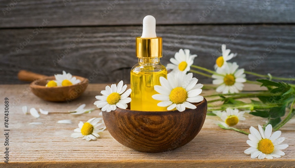 Small bottle with blank label of yellow serum or oil with daisy flower elements in bowl and wooden board in background Small bottle with blank label of yellow serum or oil with daisy flower elements in bowl and wooden board in background