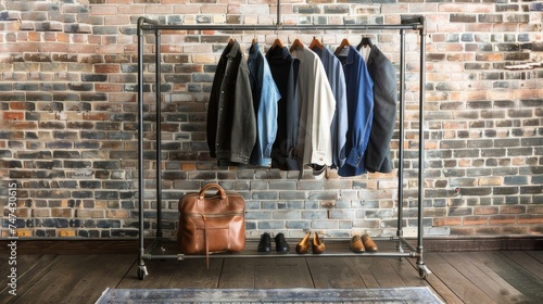 Urban style showcase: A wardrobe rack adorned with trendy men's clothing against a rustic brick wall.