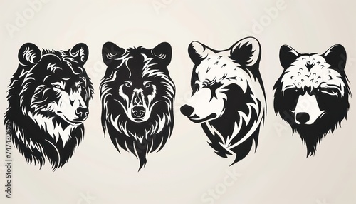 bear mane or tattoo, in the style of flowing silhouettes, exaggerated facial features, depictions of animals, stenciled iconography