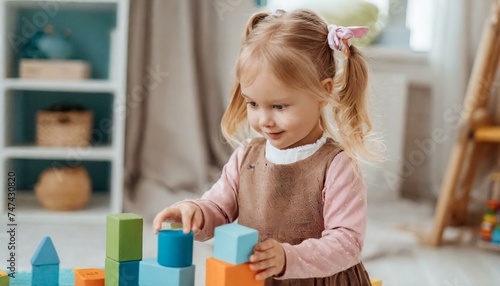 small cute fair-haired child plays with blocks in the children's room