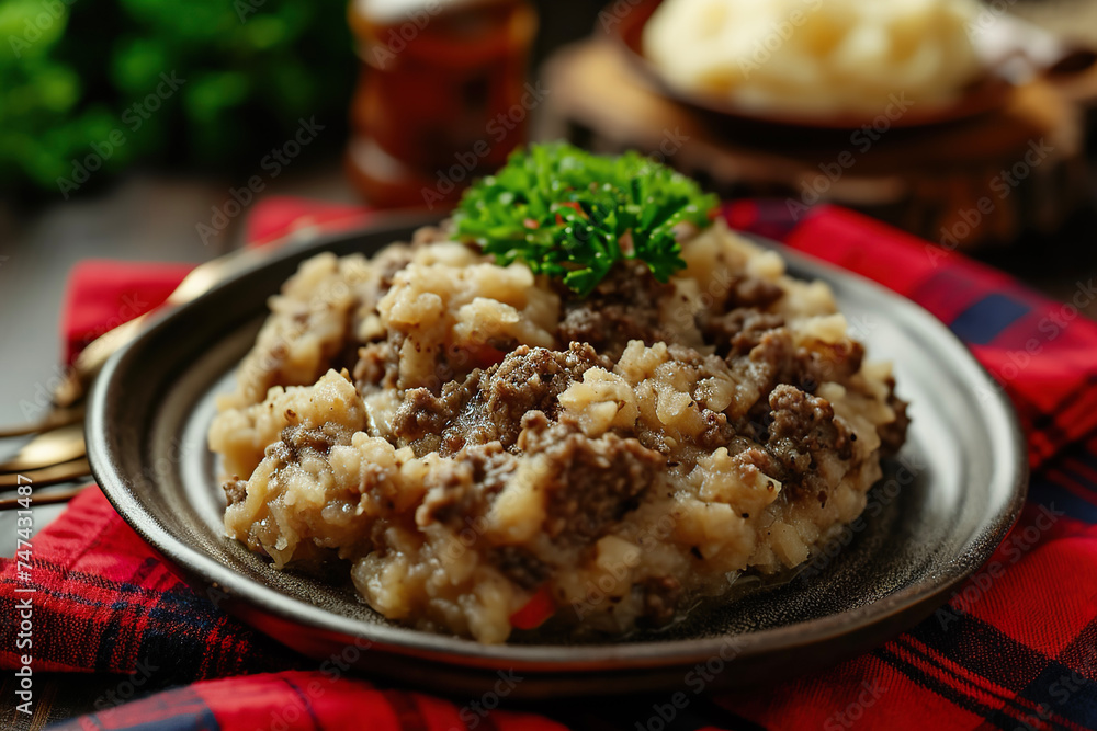 A plate of haggis, a Scottish dish made from heart, liver, and lungs, mixed with oatmeal and spices A plate of haggis, a Scottish dish made from heart, liver, and lungs, mixed with oatmeal and spices