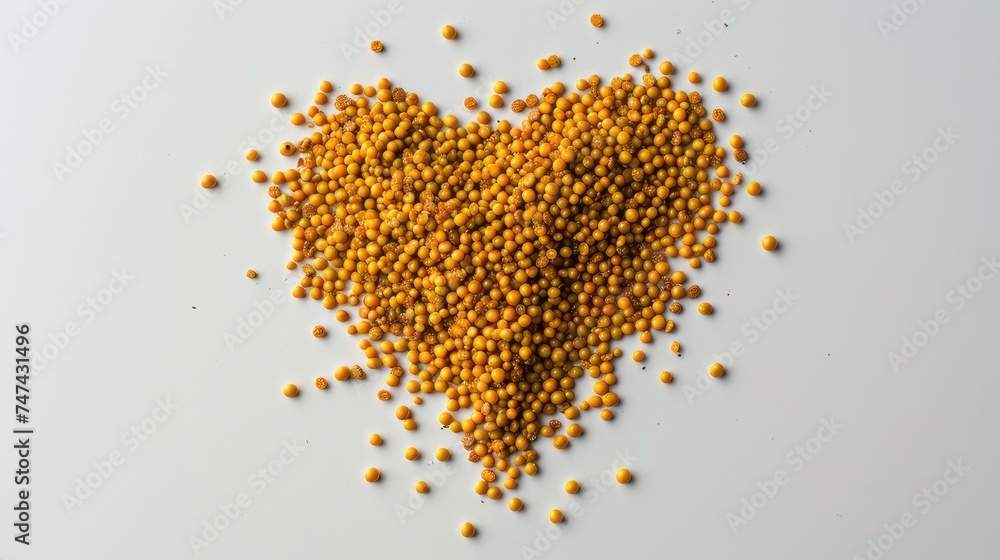 Spicy love for cooking: Top view of a heart-shaped mustard creation on a clean white background.