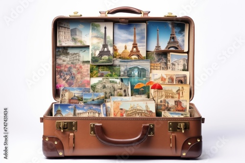 open suitcase with Paris landmarks inside on white background