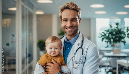 smiling male doctor with baby at hospital 