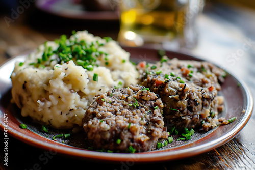 A plate of haggis, a Scottish dish made fromheart, liver, and lungs, mixed with oatmeal and spices photo