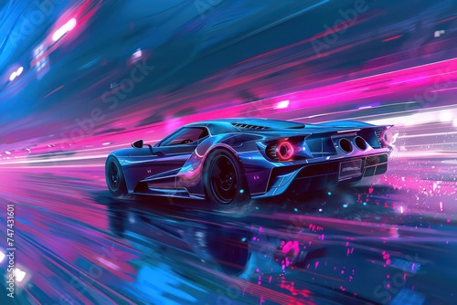 a futuristic sports car on a blue night background with light streaks behind it, in the style of light amber and magenta
