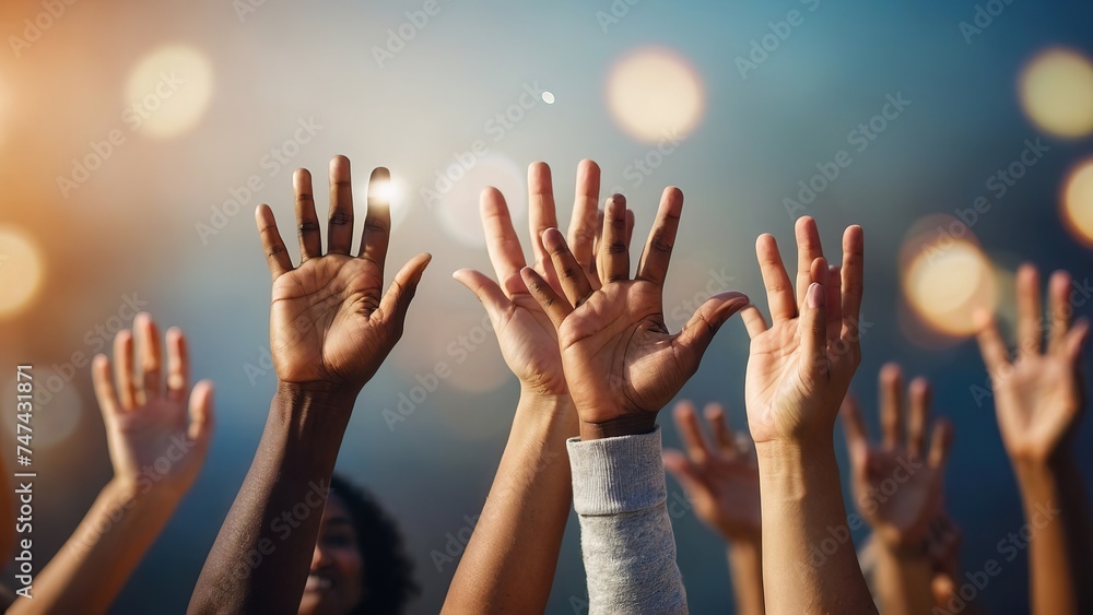 Multi ethnic hands raised up