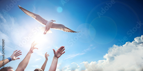 Abstract background. Birds flying in the sky with morning sun and hands of people waving concept of freedom and peace. Website, Illustration
