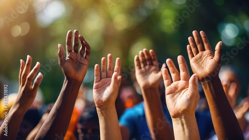Multi ethnic hands raised up