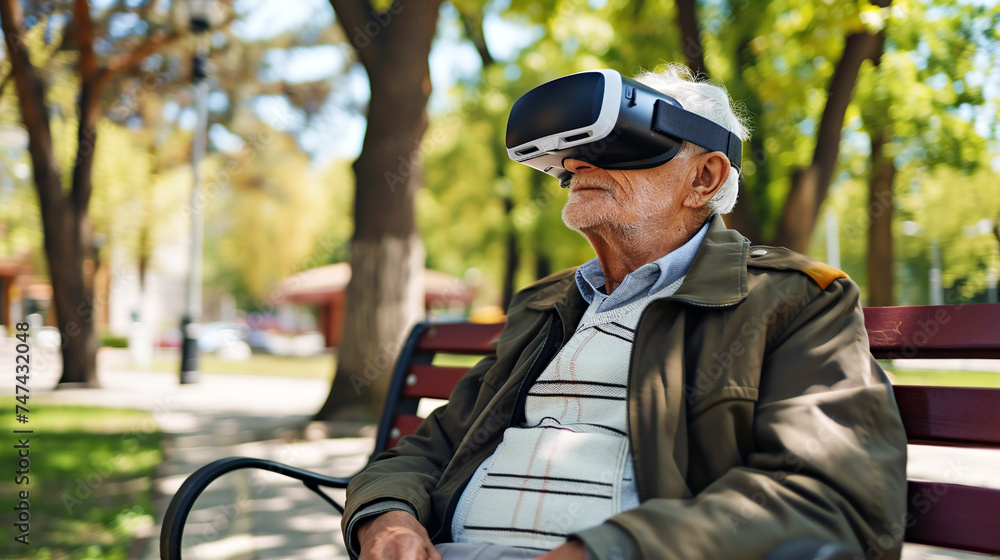 An elderly man sits on a bench wearing VR headset glasses, virtual reality. A man with Parkinson's disease walking in city park An elderly man sits on a bench wearing VR headset glasses, virtual reality. A man with Parkinson's disease walking in city park