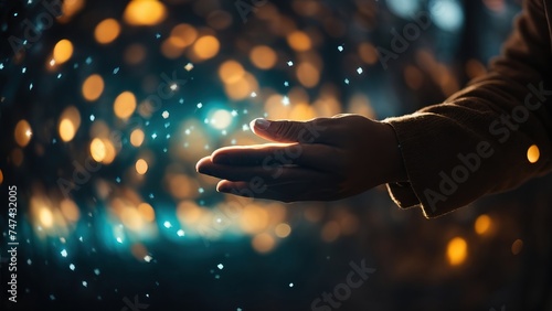Male hand reaching out to glowing light spark