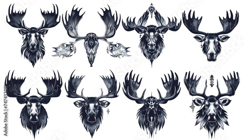 a set of moose tattoos on white background, in the style of distinct facial features, flowing silhouettes