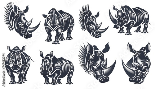 a set of rhino tattoos on white background  in the style of distinct facial features  flowing silhouettes