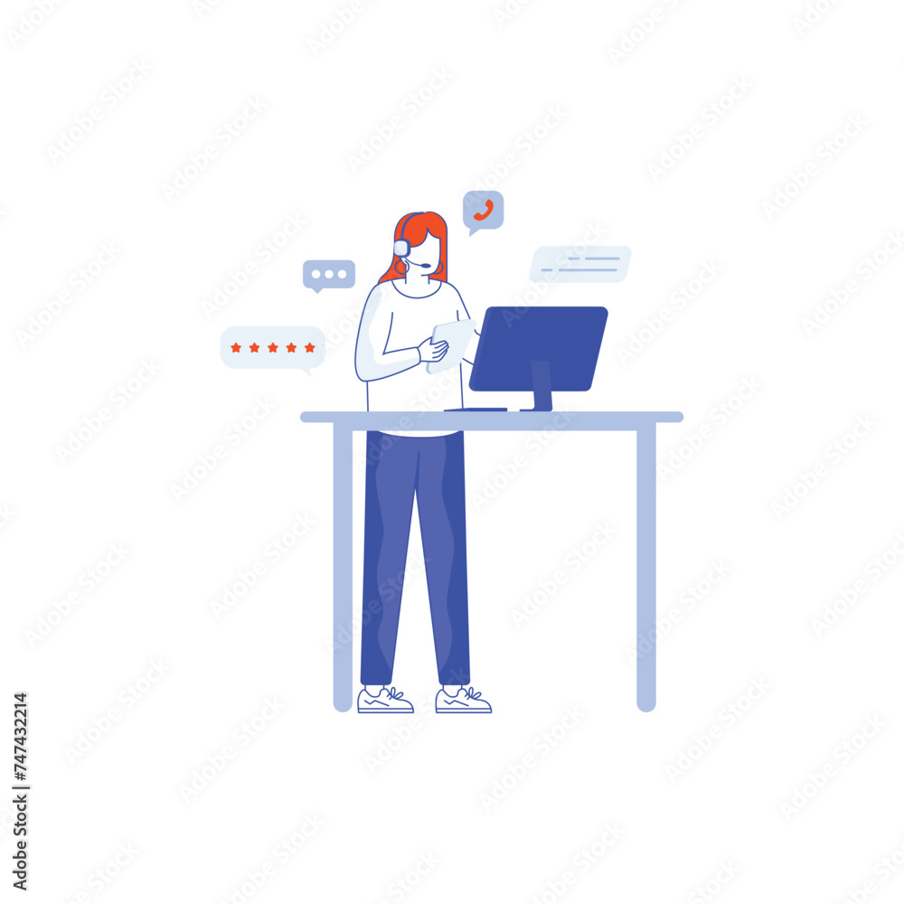 Contact us landing page. Man with headphones and microphone with computer. Concept illustration for support, assistance, call center, Business communication. Telephone symbol.
