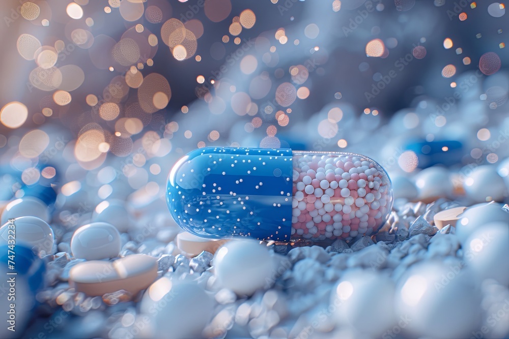 the pill that falls from the bottle is blue and white, in the style of 3d, conceptual playlists, light sky-blue and light gray. Generative AI the pill that falls from the bottle is blue and white, in the style of 3d, conceptual playlists, light sky-blue and light gray. Generative AI