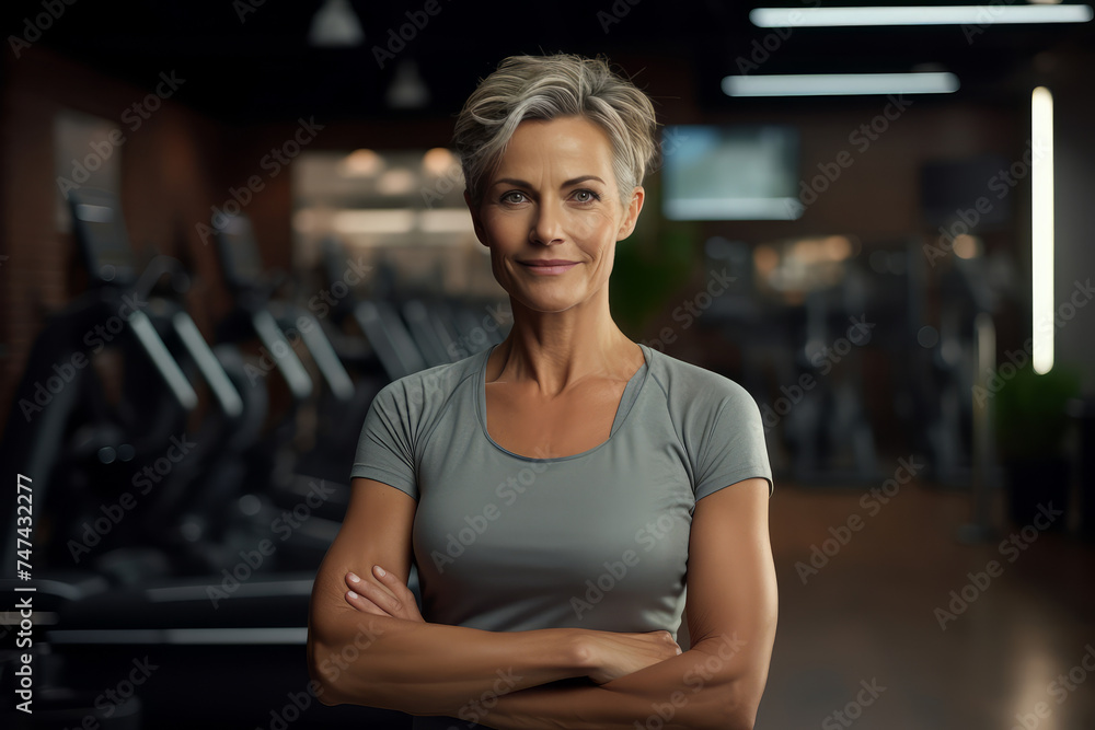 Portrait of a smiling mature woman with folded arms in a gym