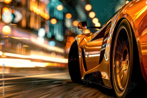 a sports car driving down the street at night, in the style of made of rubber, golden light