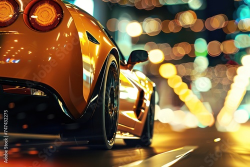 a sports car driving down the street at night, in the style of made of rubber, golden light © STOCKYE STUDIO