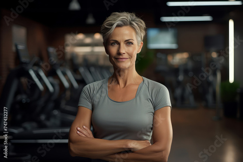 Portrait of a smiling mature woman with folded arms in a gym