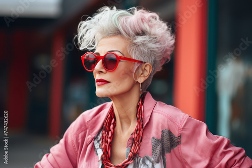 Mature woman in sunglasses posing on the streets of the city